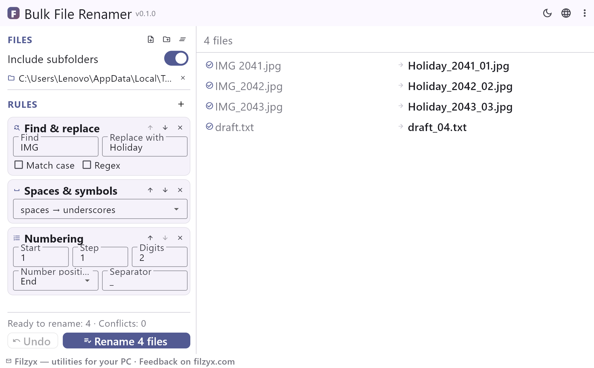 Bulk File Renamer previewing new names: find & replace, spaces and numbering rules applied to four files in the light theme