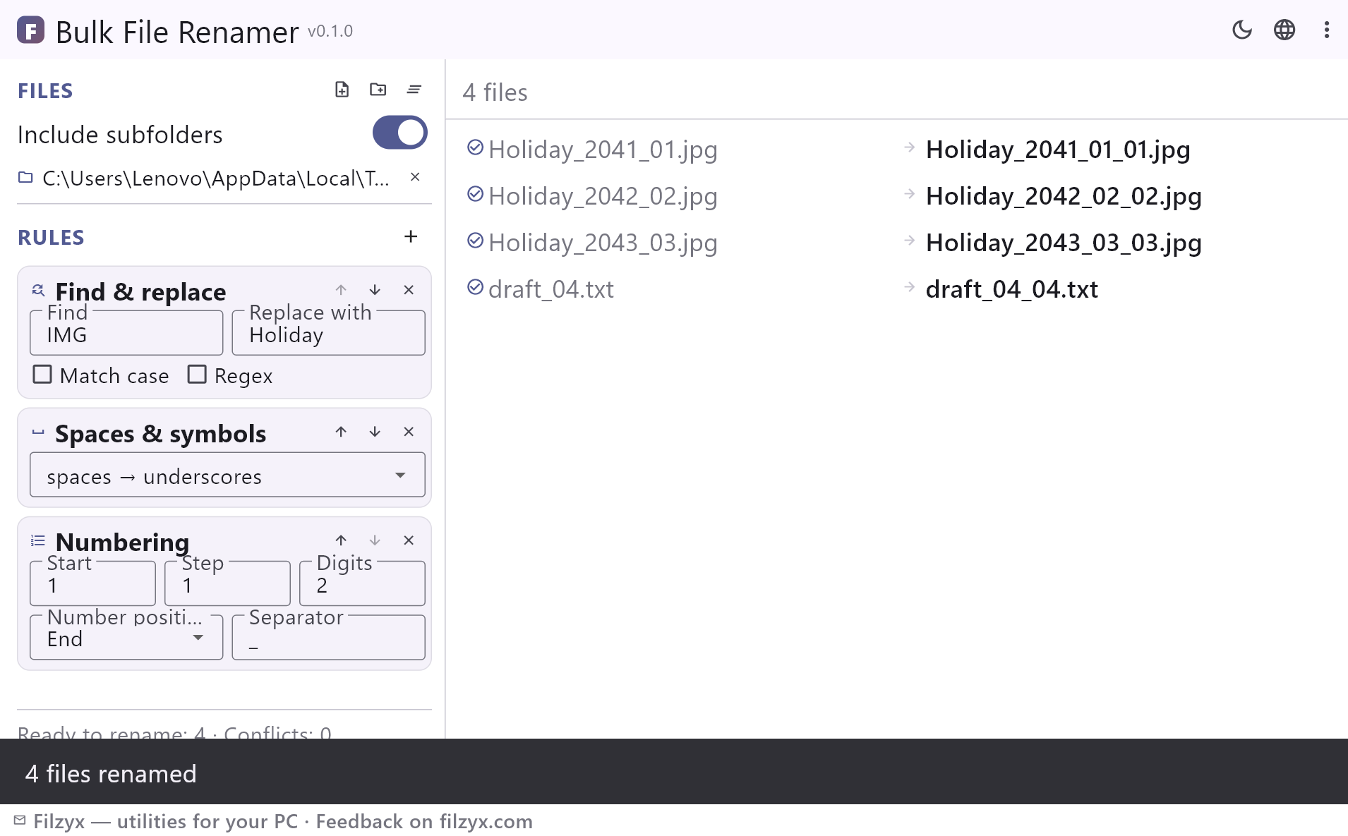 After one click all four files were renamed on disk — the notification offers one-click undo