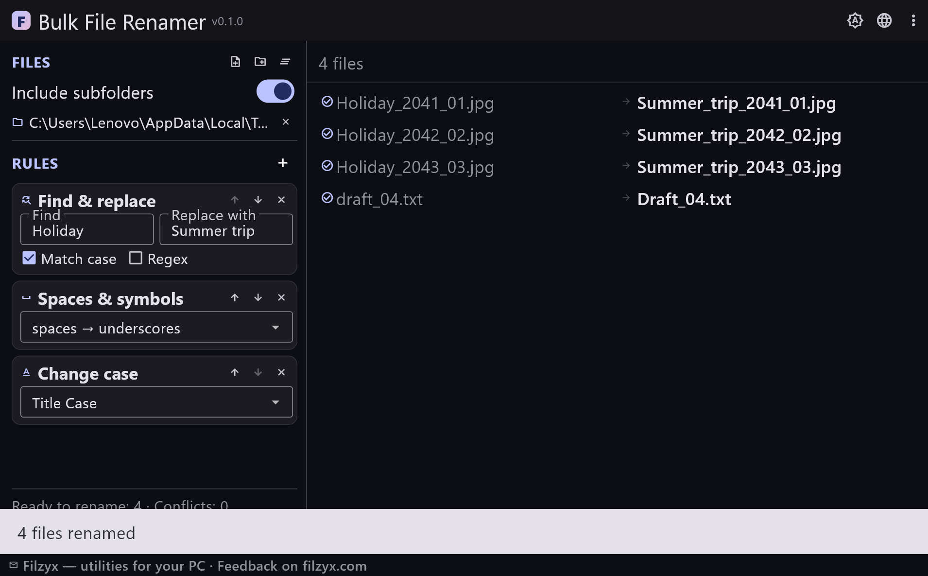 The same file list with a Title Case rule in the dark theme