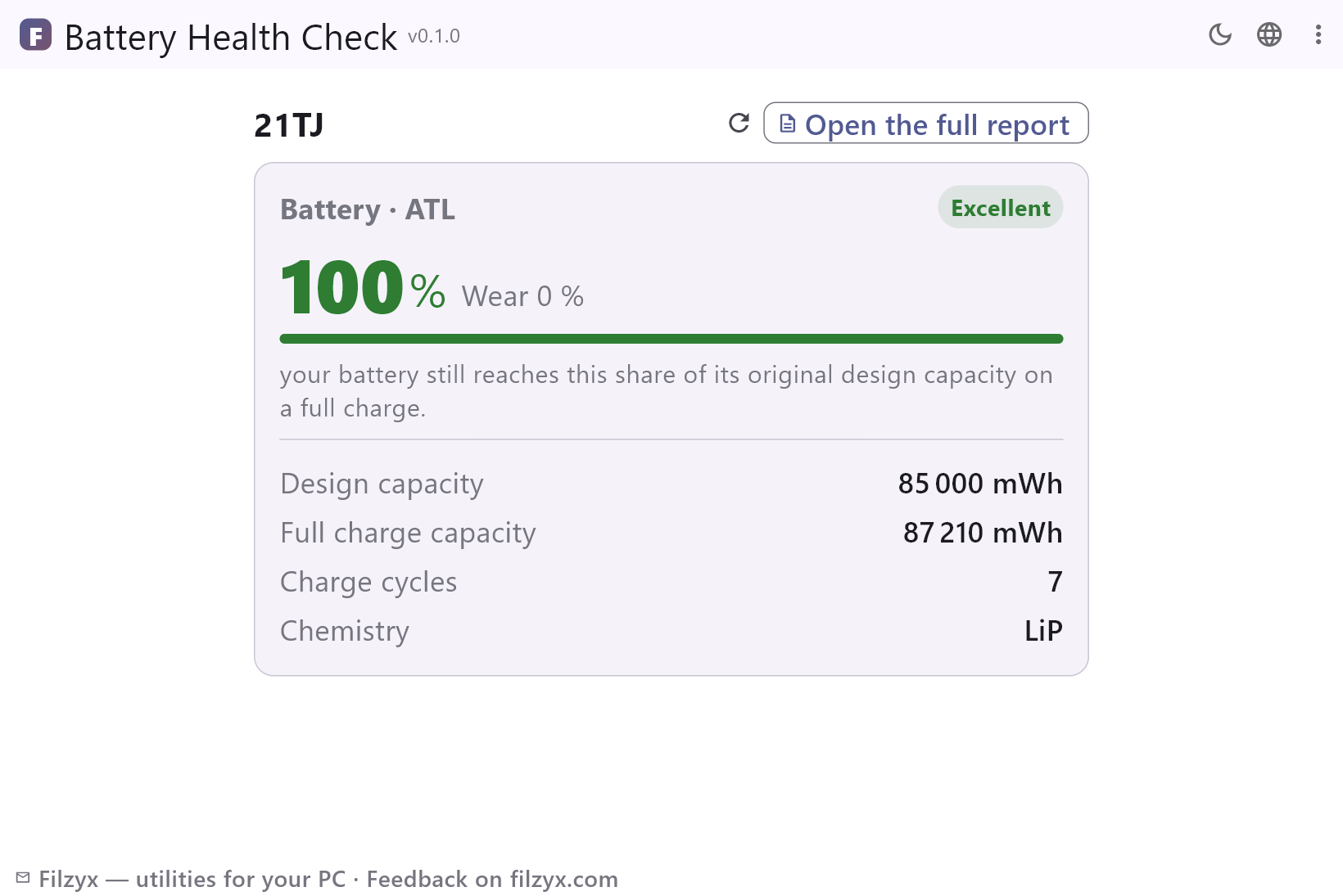 Battery Health Check: a real laptop battery with 100% health, design capacity and charge cycles, in the light theme