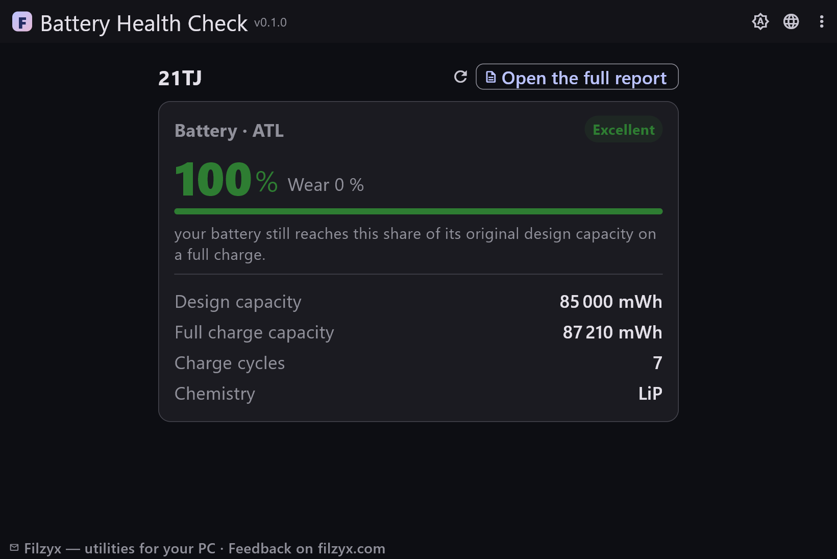 The same battery card in the dark theme with the full report button