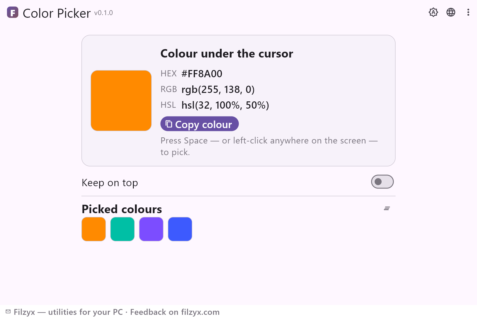 The same colour history wall in the dark theme with HEX values visible