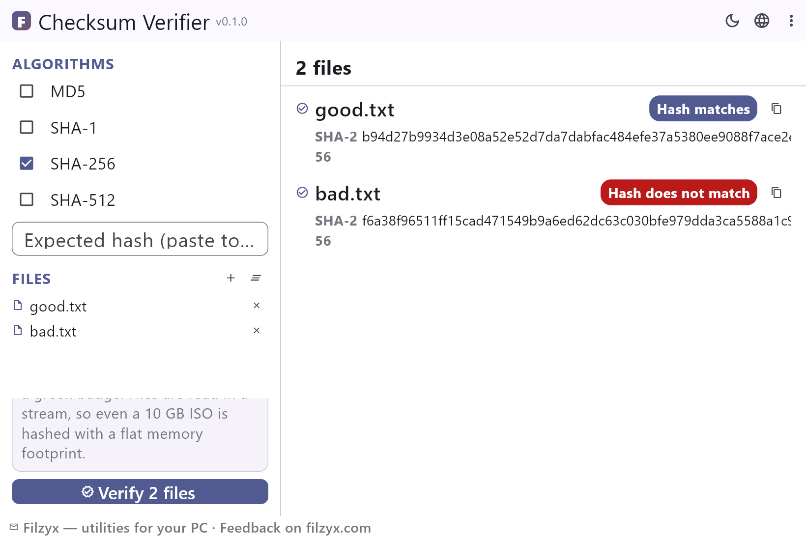 Checksum Verifier in the light theme: two files hashed with SHA-256 — good.txt gets a green “Hash matches” badge, bad.txt a red “Hash does not match” badge