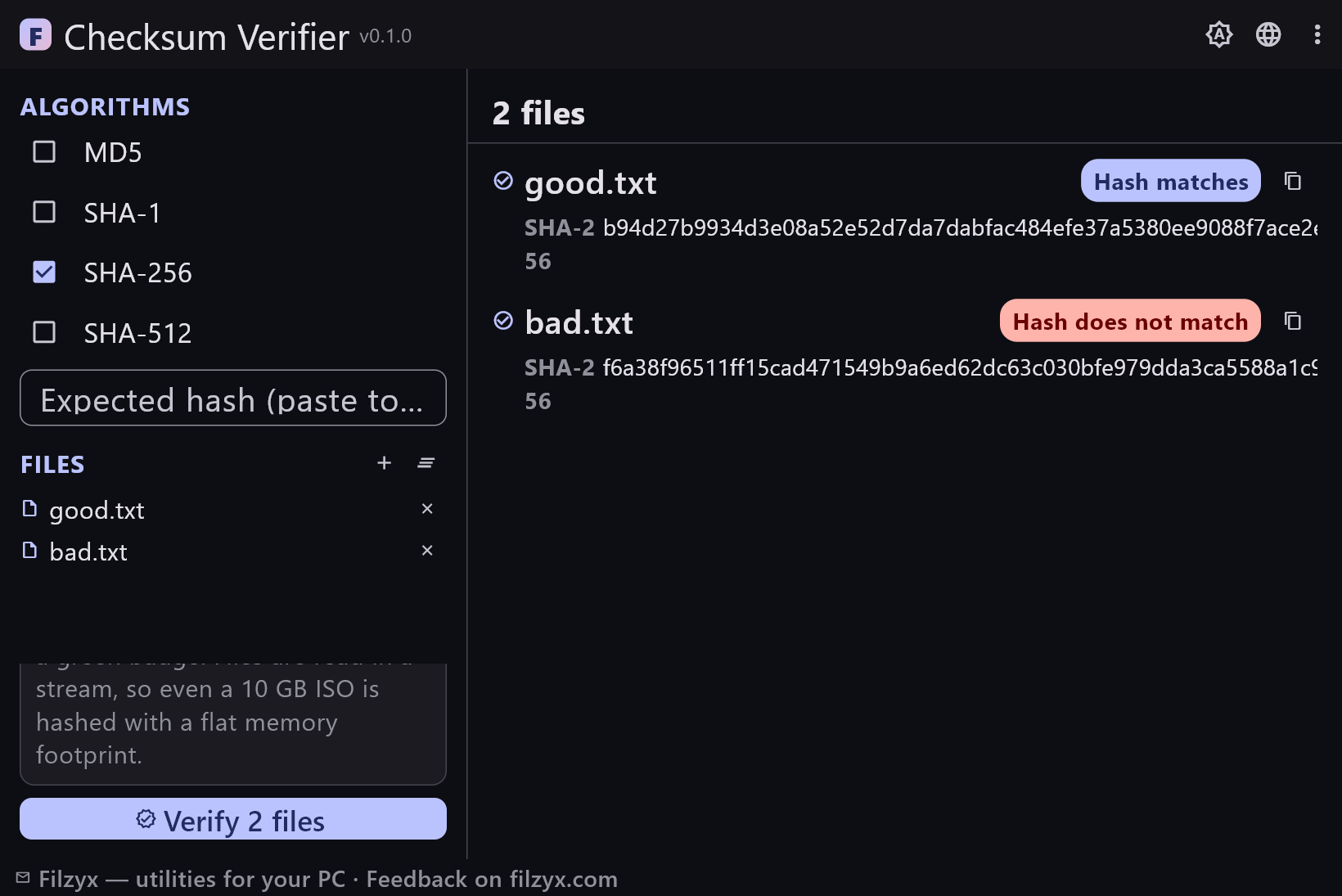 The same verification run in the dark theme, with the algorithm list on the left and per-file hash results on the right