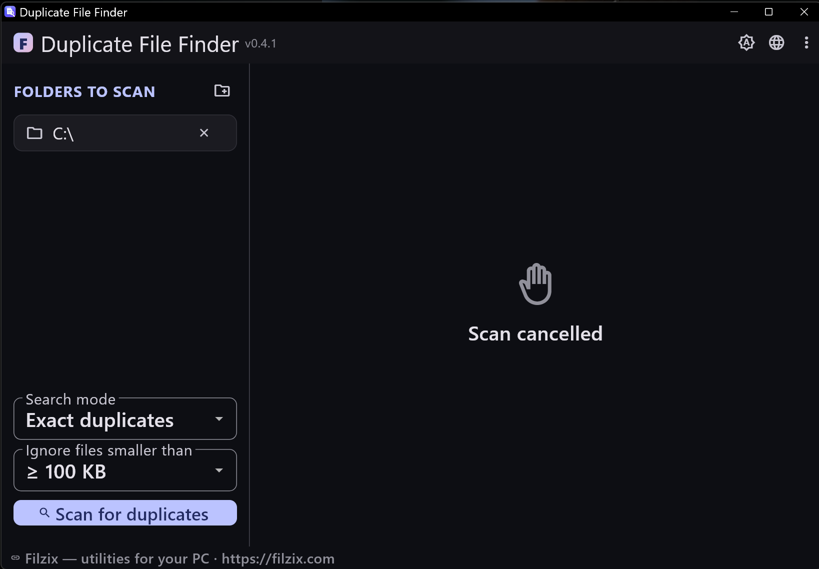 Exact duplicate files mode: folder list, minimum file size and the scan button for removing duplicate files on Windows