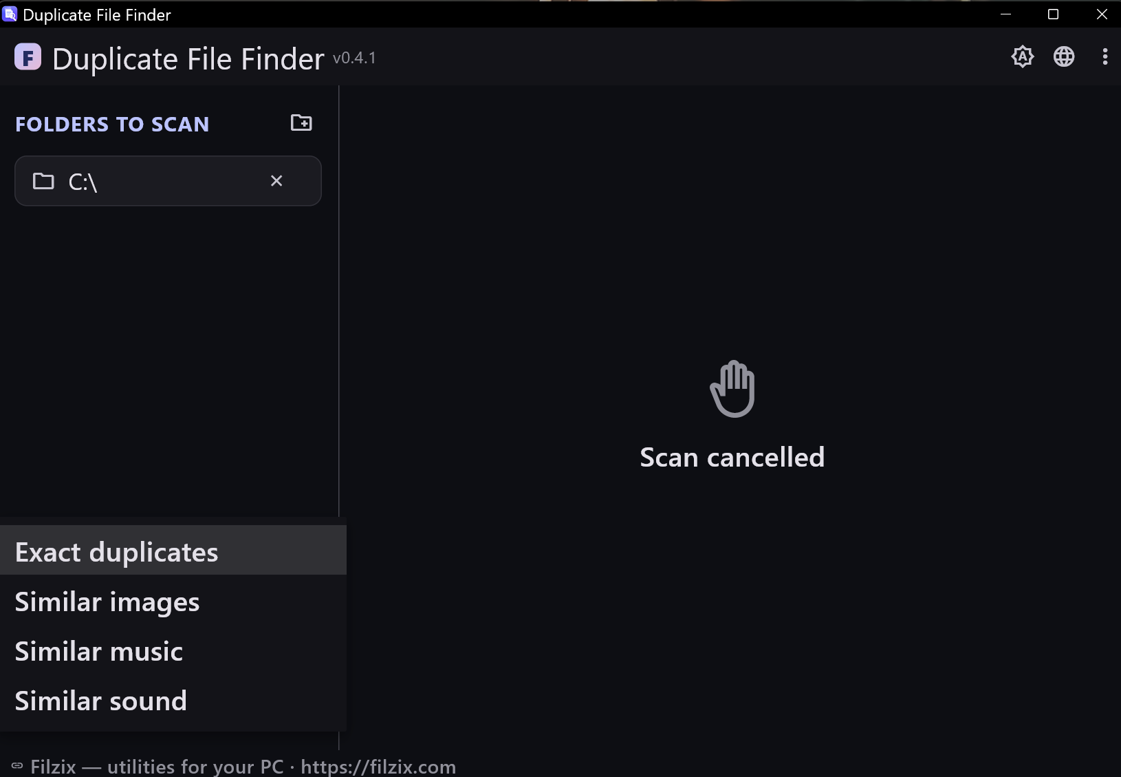 Picking one of the four search modes: exact duplicates, similar photos, music by tags, music by sound