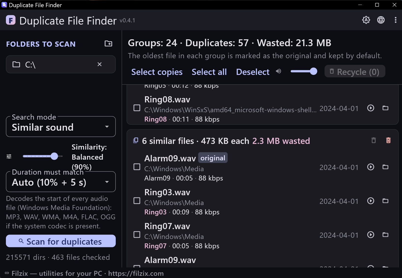 Duplicate music by sound in the dark theme: similarity slider, duration matching and play buttons on every copy