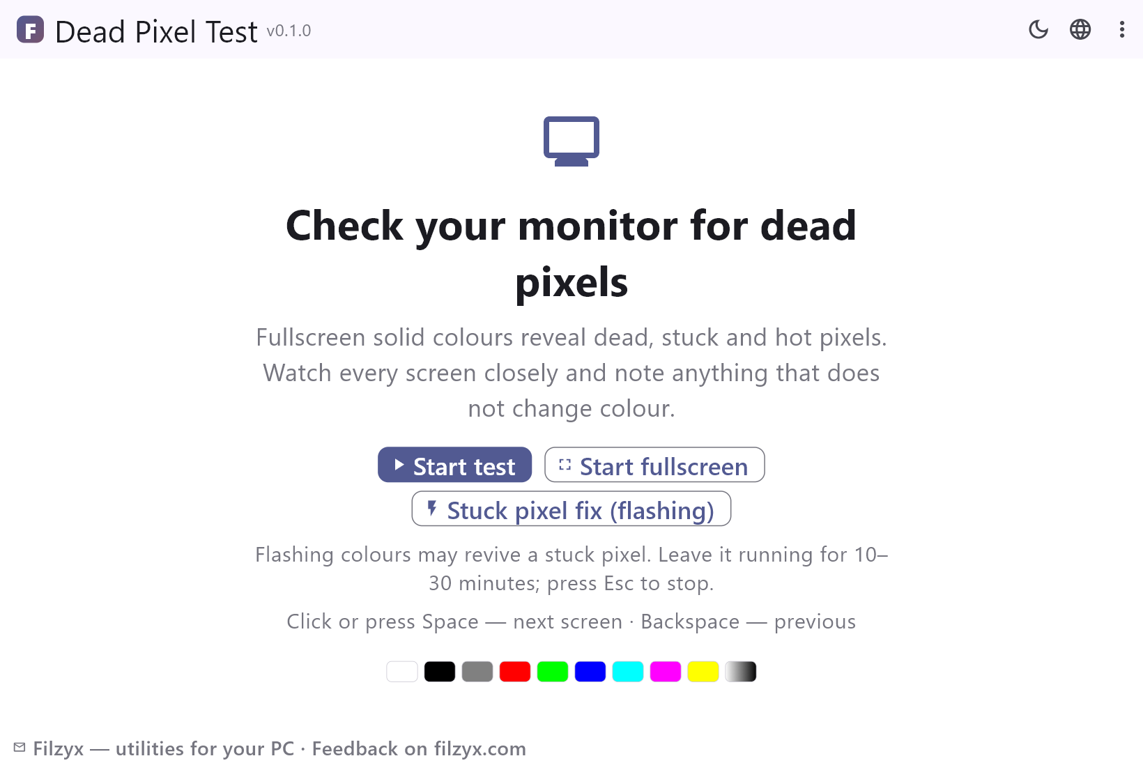 Dead Pixel Test home screen: start buttons, the flashing fix hint and the colour legend of all ten test screens