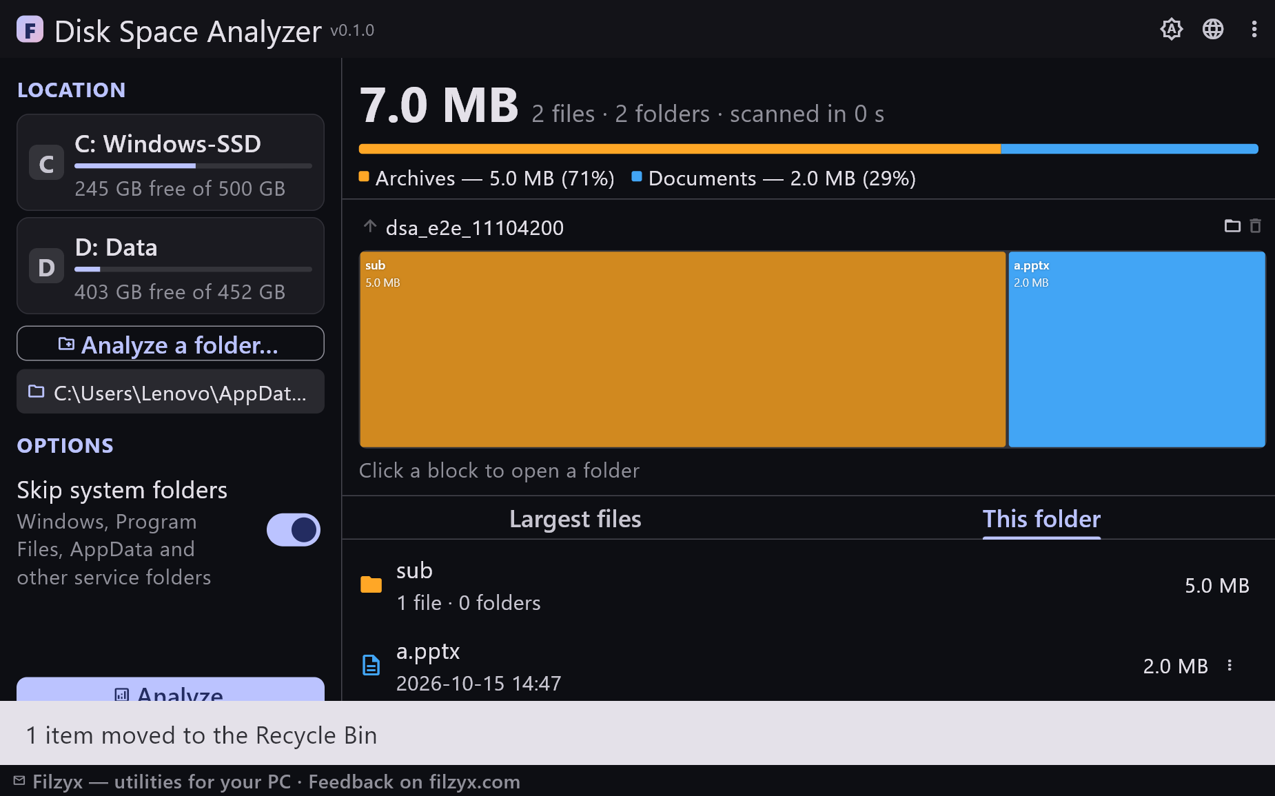 The same disk space analysis in the dark theme after a cleanup