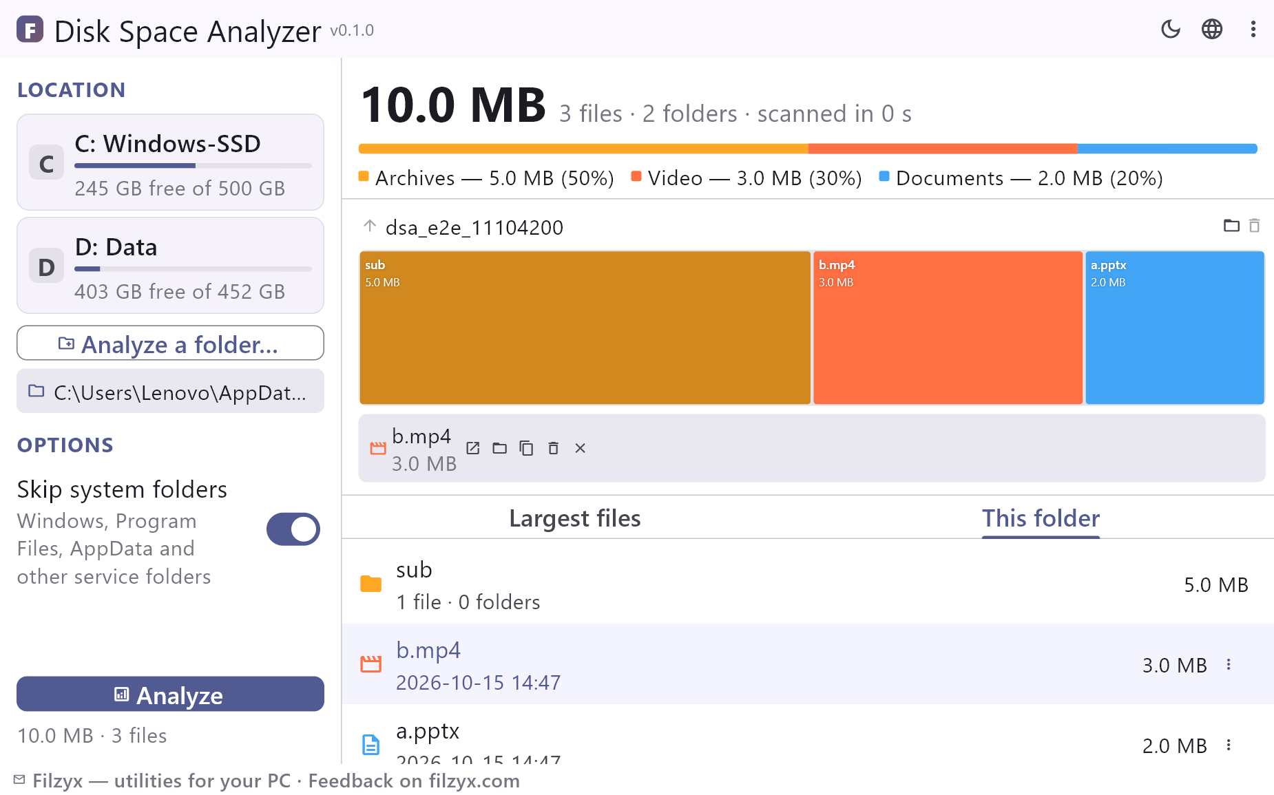 A file selected in the folder list with quick actions: open, show in Explorer, copy path, Recycle Bin