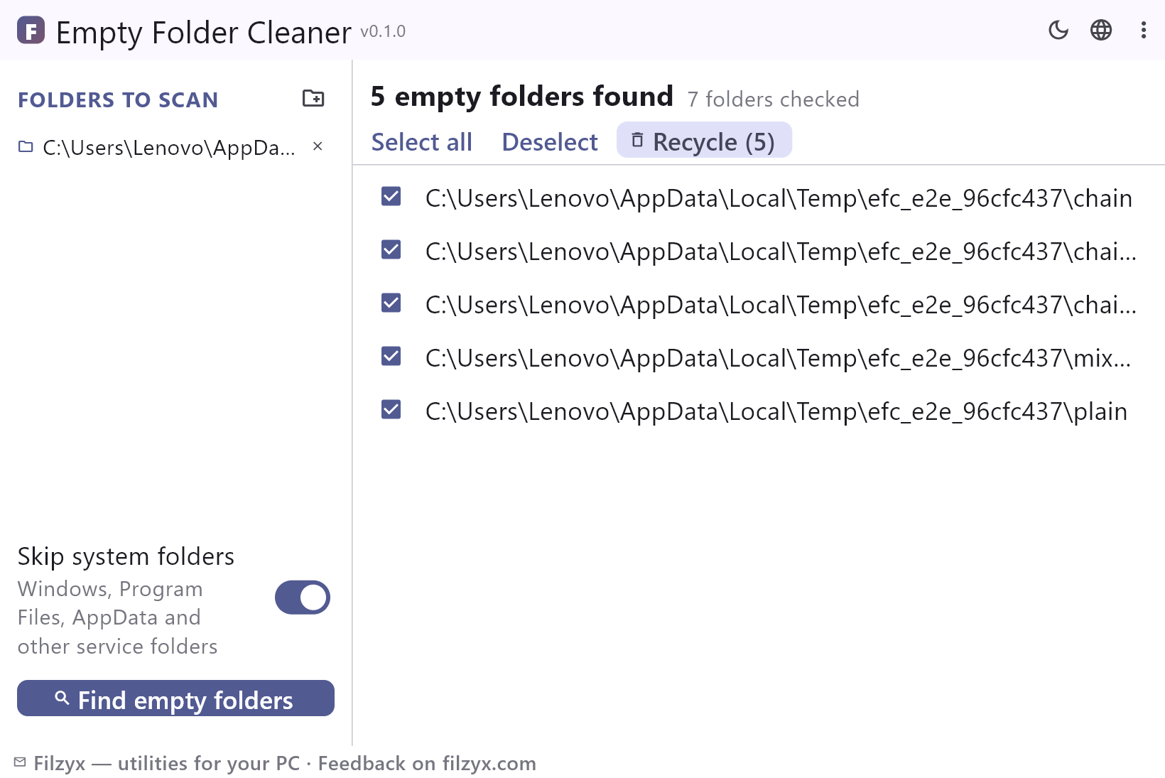 Empty Folder Cleaner after a scan: the list of empty folders with checkboxes and the Recycle button in the light theme
