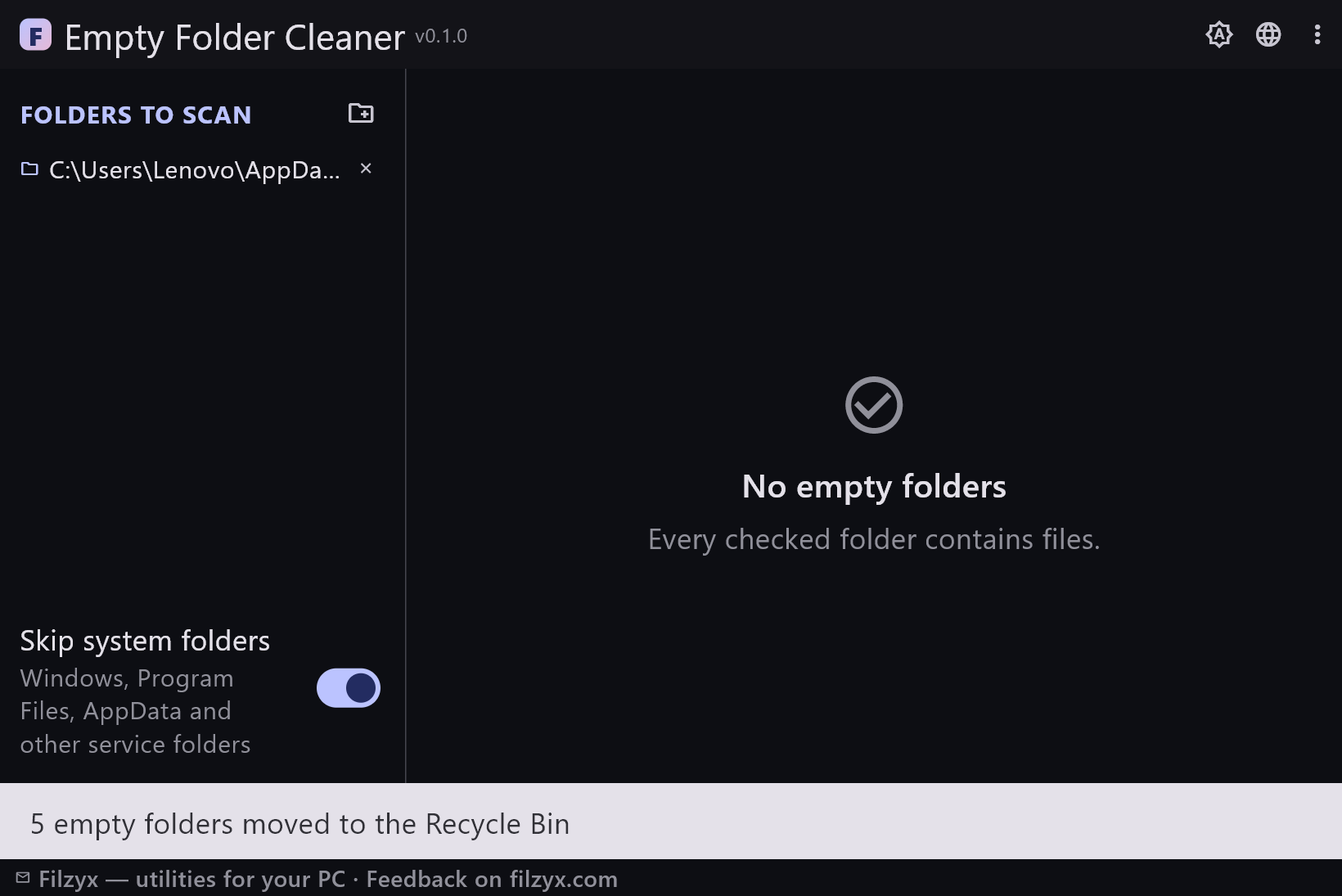 After recycling: every selected empty folder is gone, the drive is clean — shown in the dark theme