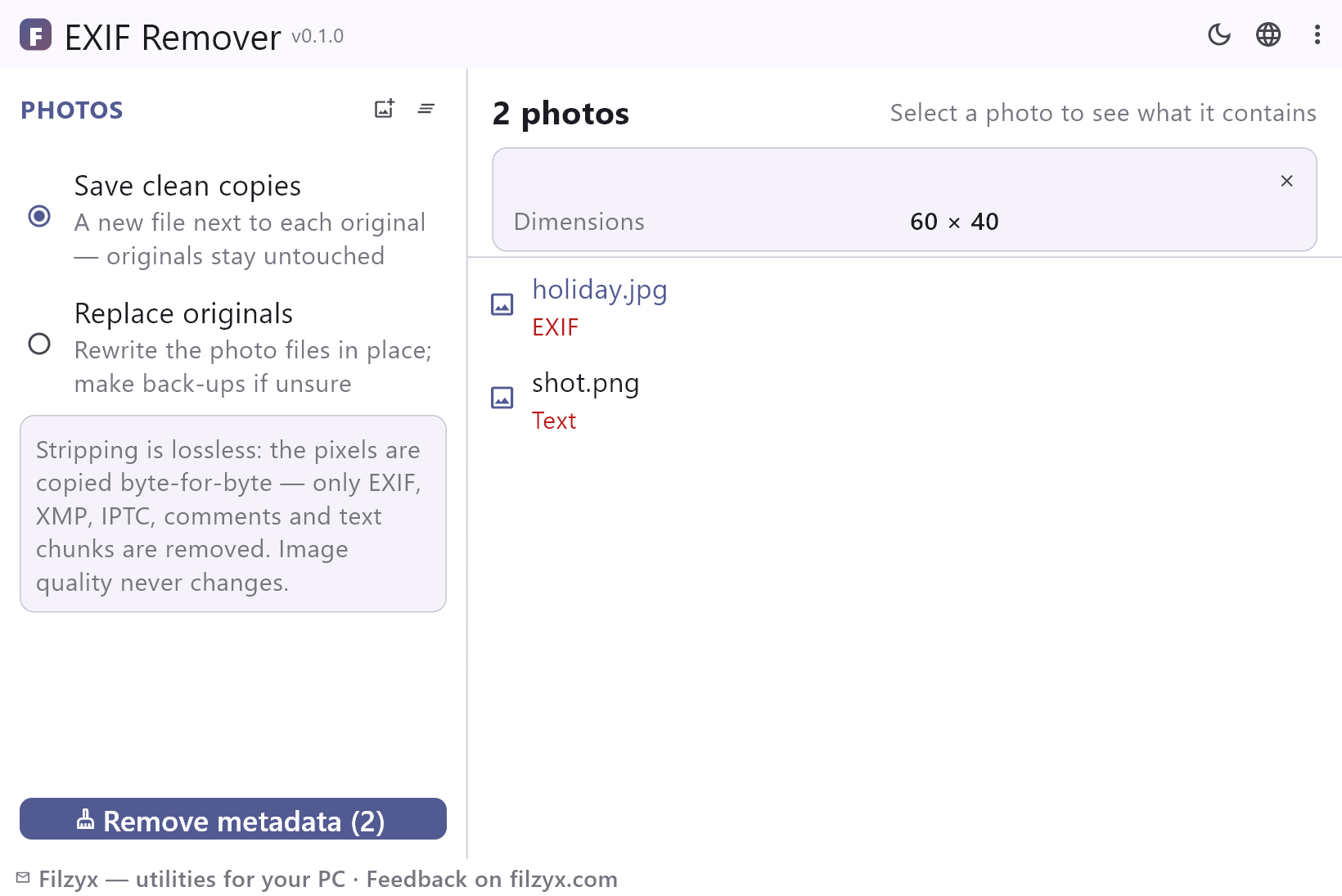 EXIF Remover with two photos: EXIF and Text badges visible, details card open, clean-copy mode selected — light theme