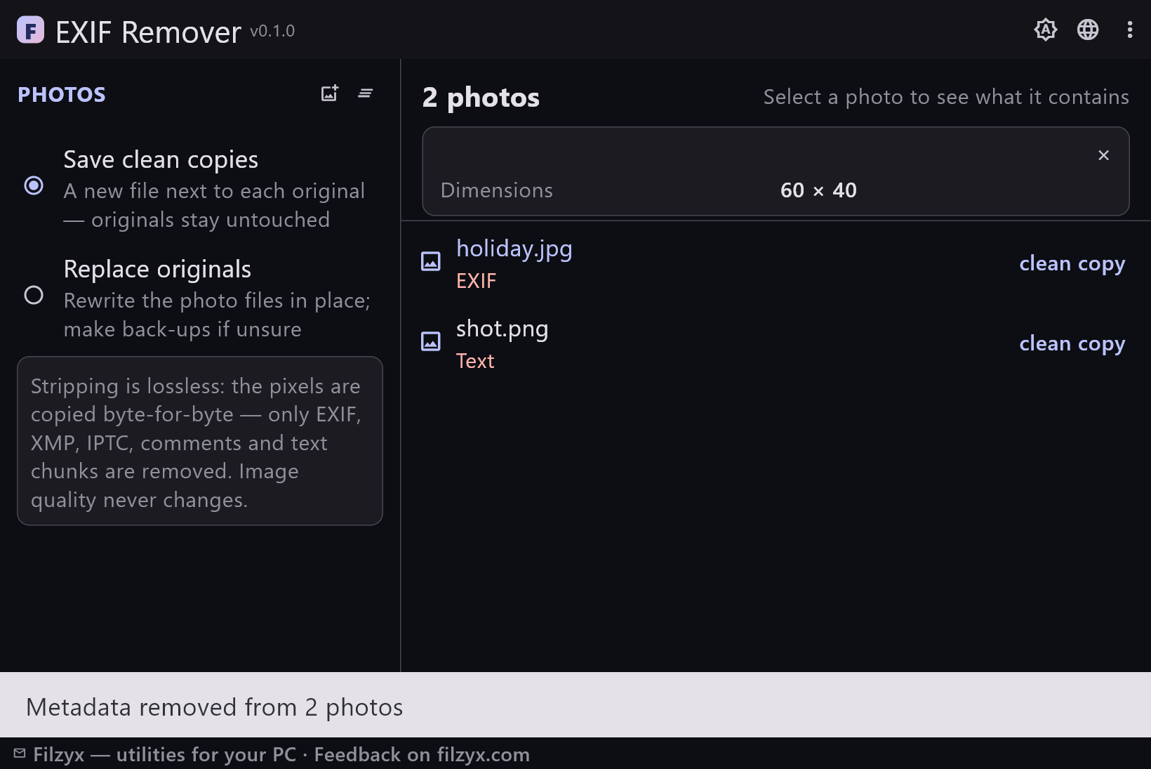 After stripping: both photos marked clean in the dark theme