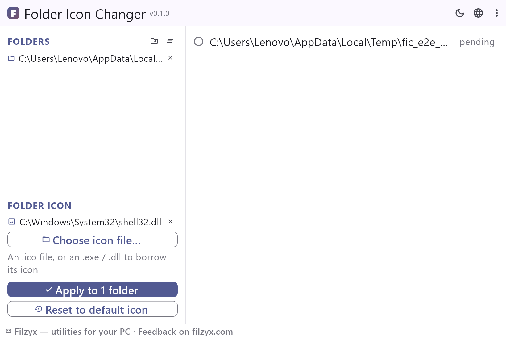 Folder Icon Changer with a chosen icon file and one folder ready to restyle, in the light theme