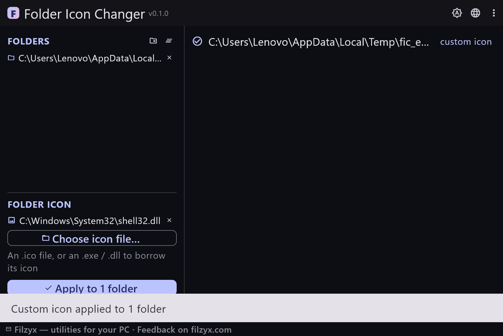 After applying: the folder shows the custom icon status in the dark theme