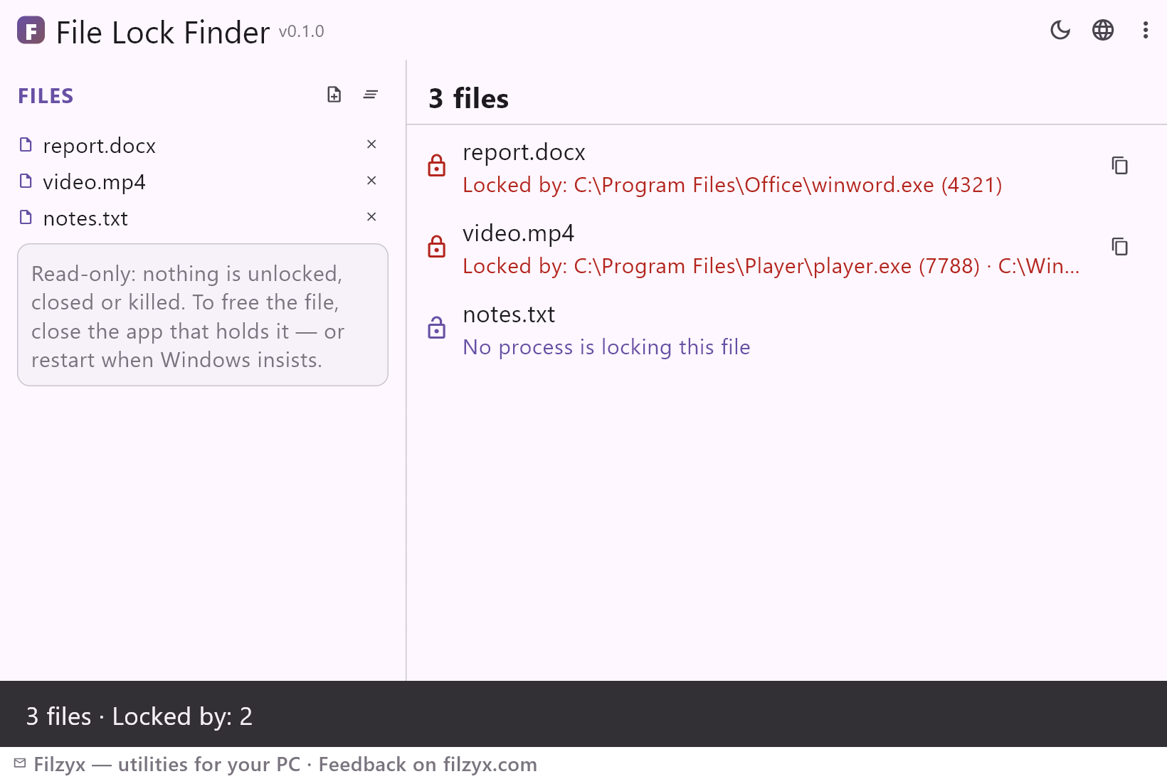 File Lock Finder showing three checked files: one locked by Word with its PID, one locked by two processes, one free — light theme