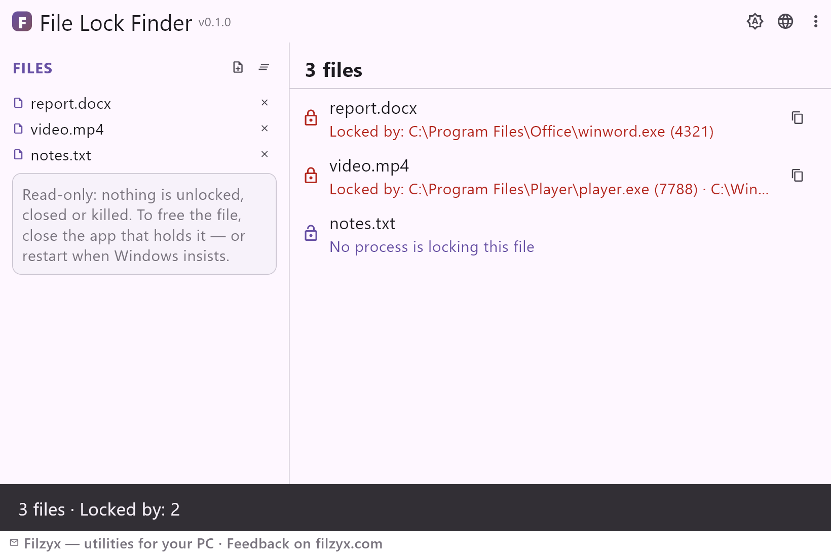 The same lock report in the dark theme