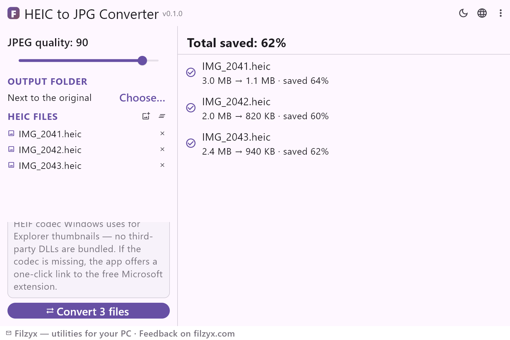 HEIC to JPG Converter in the light theme: the JPEG quality slider set to 90, three IMG_2xxx.heic files queued, and the finished batch — 3.0 MB → 1.1 MB, 2.0 MB → 820 KB, 2.4 MB → 940 KB, 62% saved in total