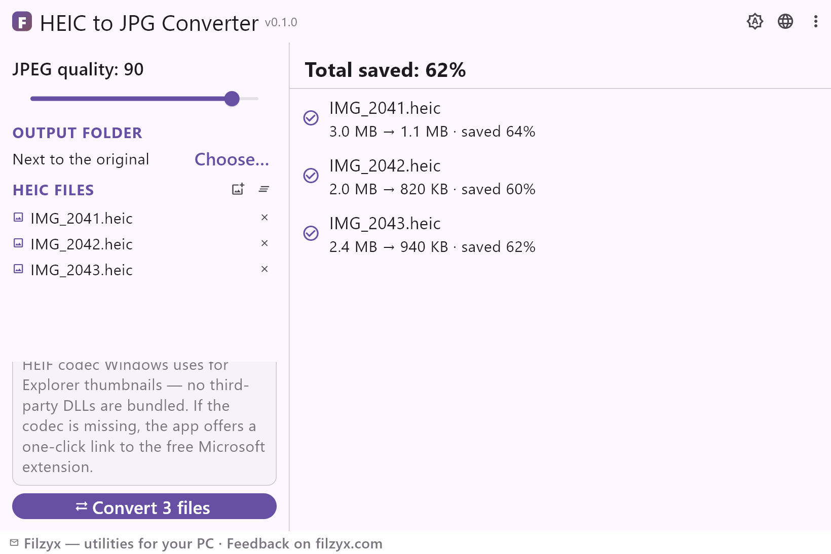 The same conversion run with the theme toggle in the header: every row shows the HEIC file, its JPG size and the share saved, and the “Convert 3 files” button below the file list