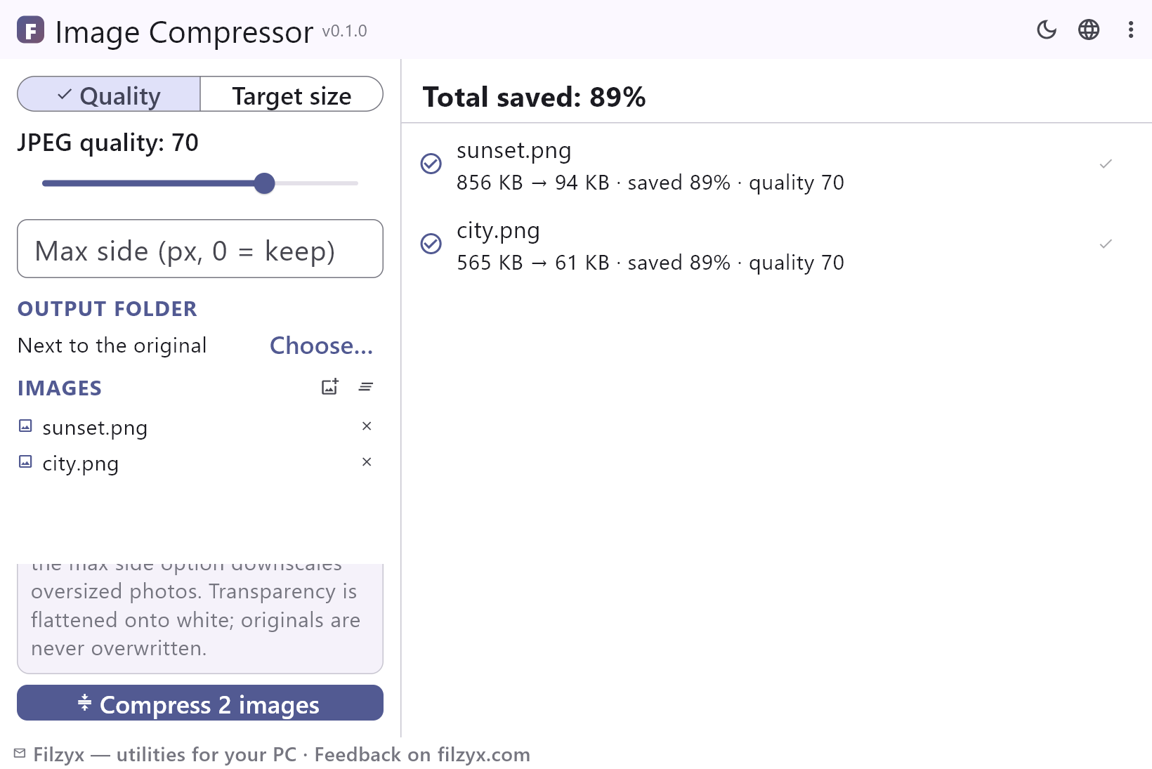 Image Compressor in the light theme: two photos compressed at quality 70, each row showing the new size, “saved …%” and the quality used