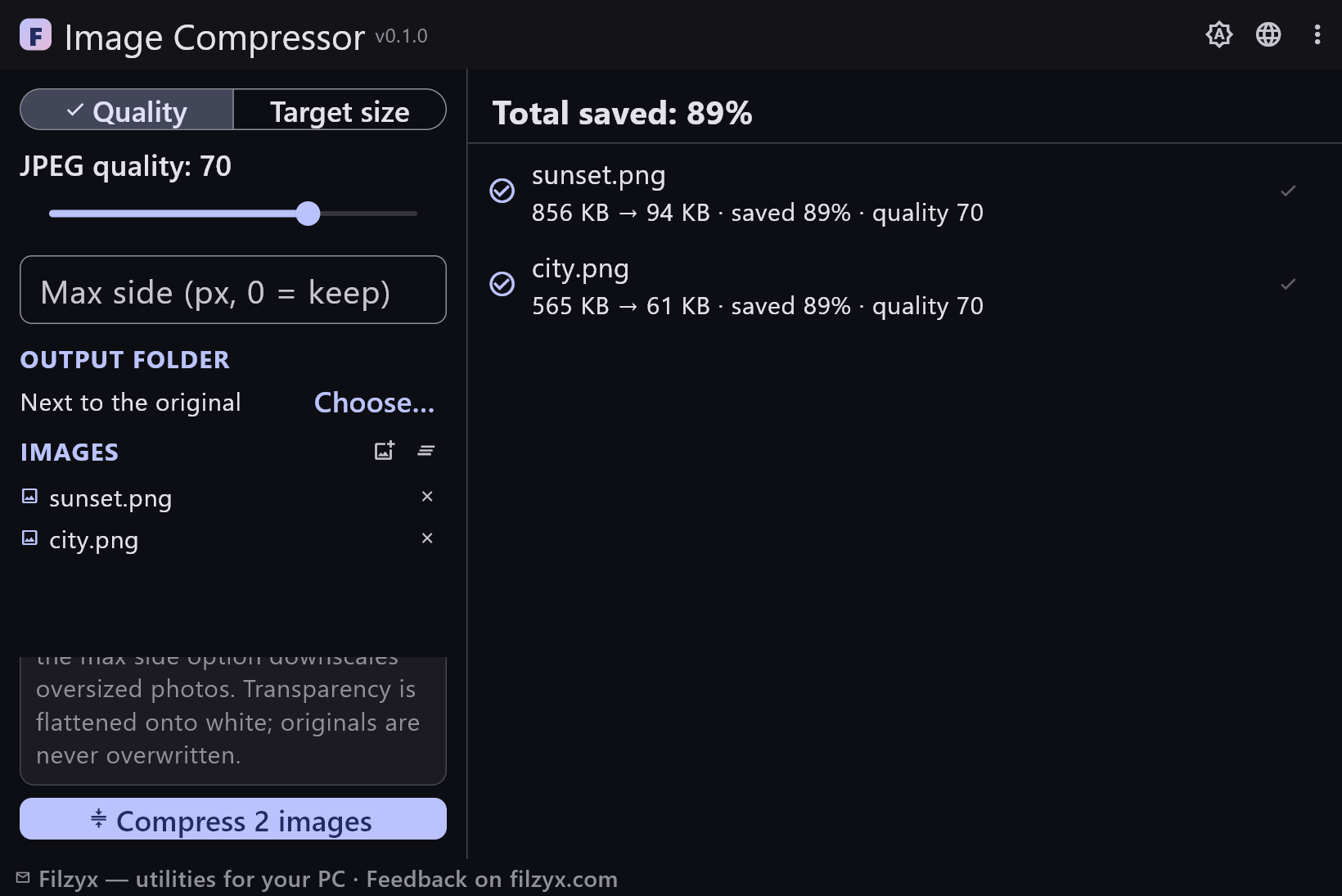 The same compressed batch in the dark theme, with the total saved percentage above the file list