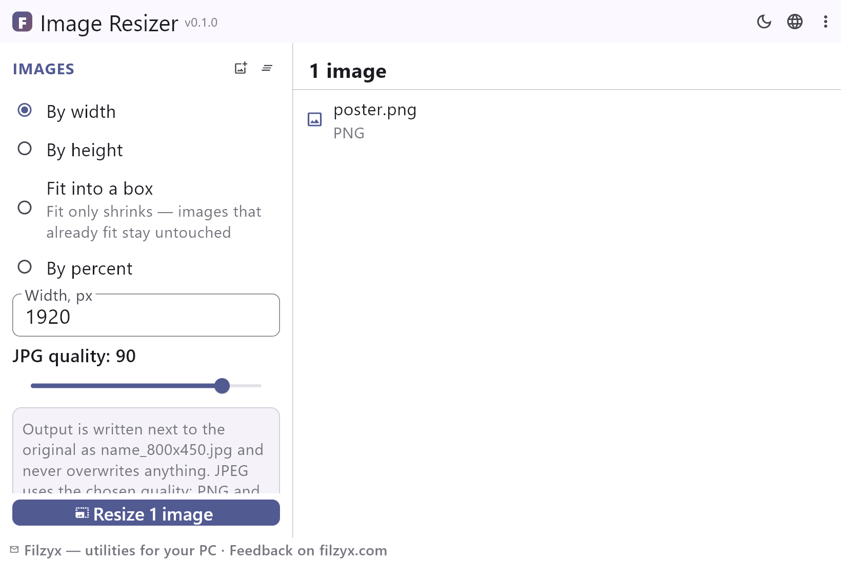Image Resizer with a poster PNG ready to resize to 100 px wide — light theme