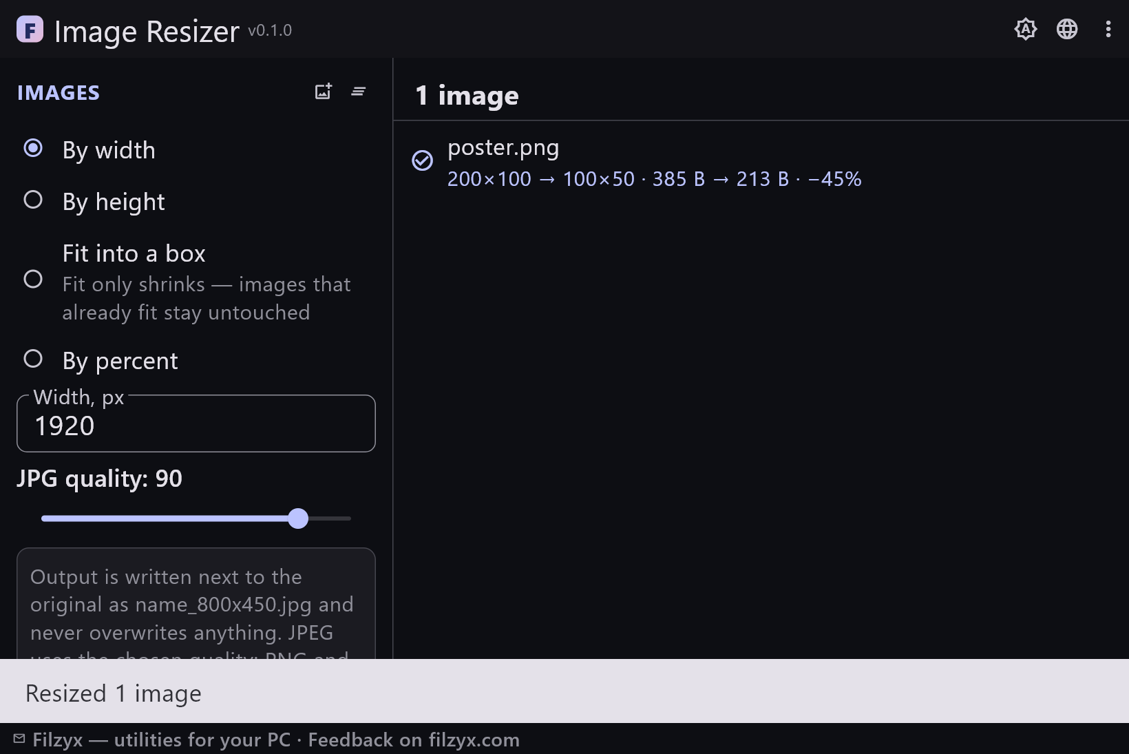 After resizing: the row shows 200×100 → 100×50 with sizes and savings — dark theme