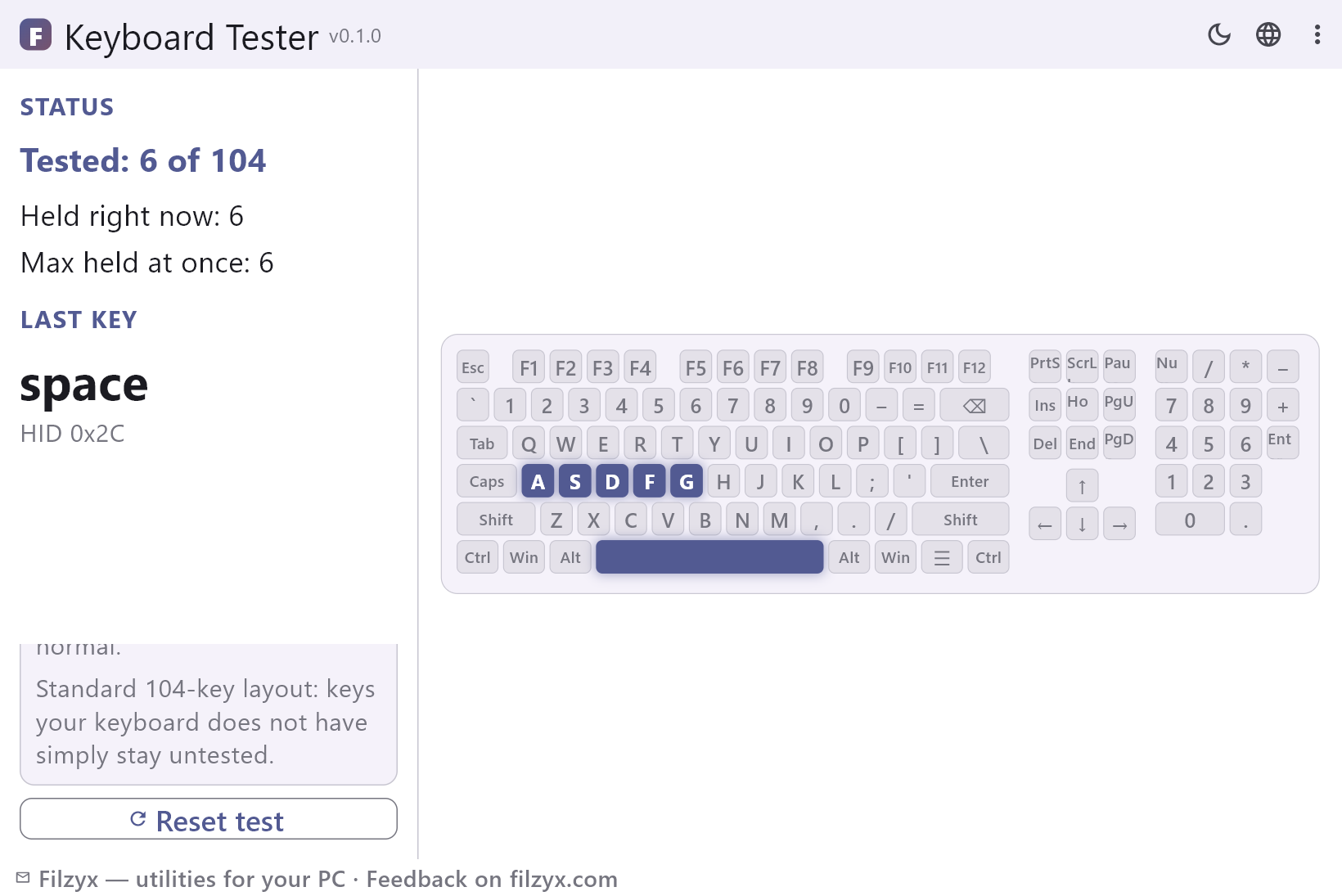 Keyboard Tester with six keys held: tested keys are green, pressed ones glow, counters show rollover — light theme