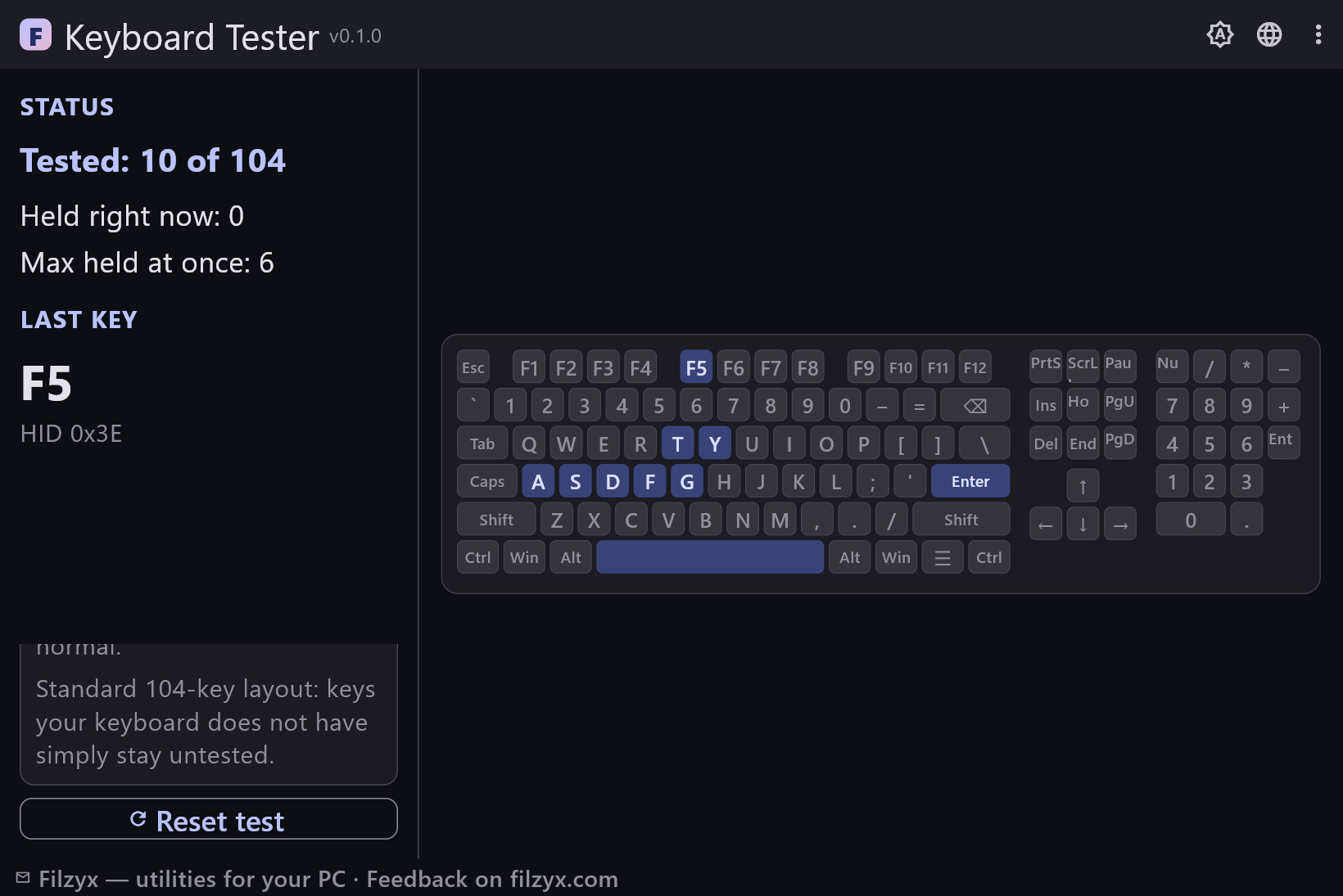 The same keyboard board in the dark theme with Enter and F5 tested