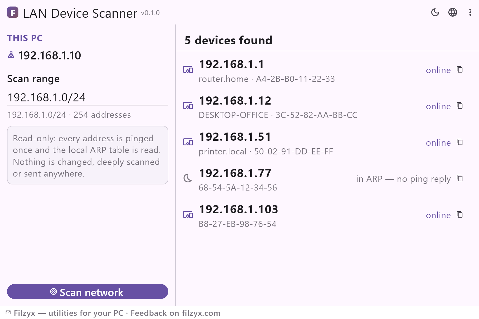 LAN Device Scanner with a sample network: router, desktop, printer and smart-home devices with IPs and statuses — light theme