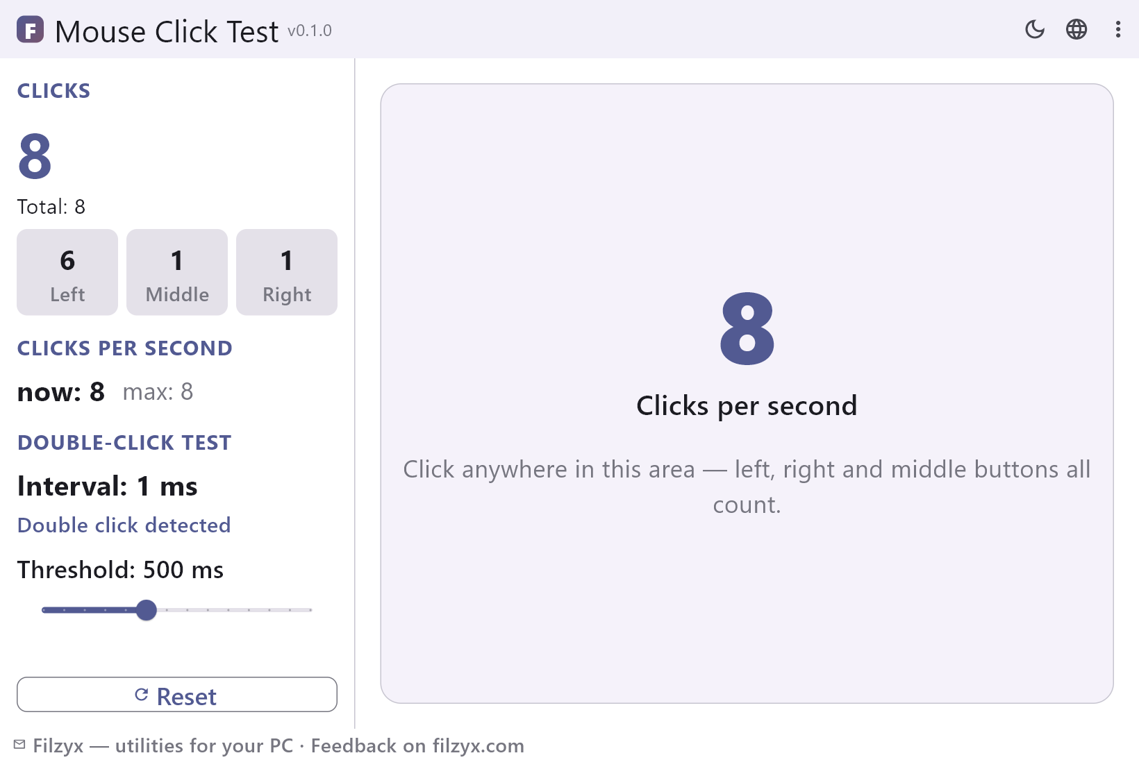 Mouse Click Test in the light theme: total clicks with left, middle and right chips, the clicks-per-second meter and the double-click test with a 500 ms threshold