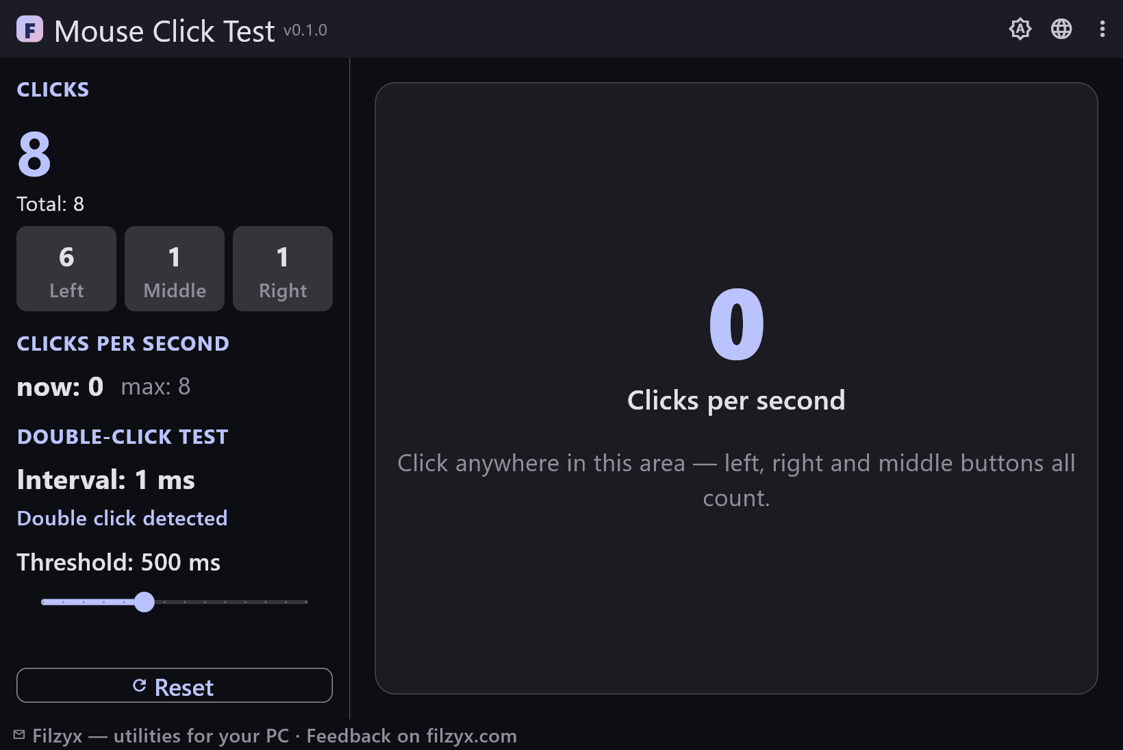 The same click counter and double-click test in the dark theme, with the threshold slider from 250 to 900 ms
