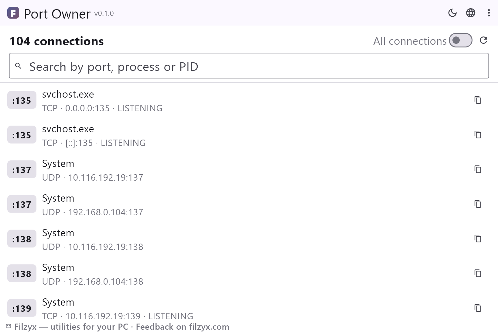 Port Owner after scanning: listening ports with process names and PIDs, search box on top — light theme