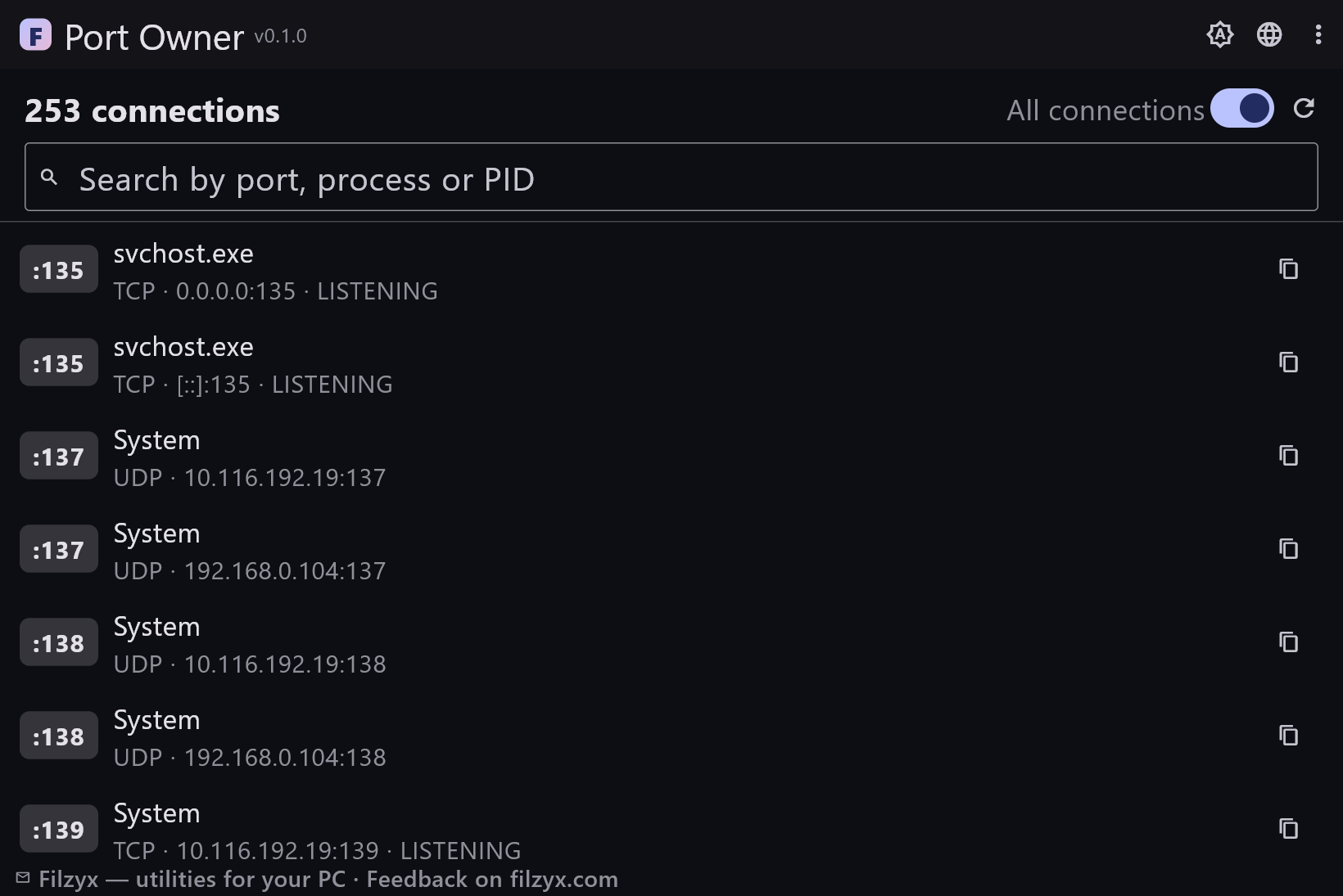 All connections view showing established sockets in the dark theme