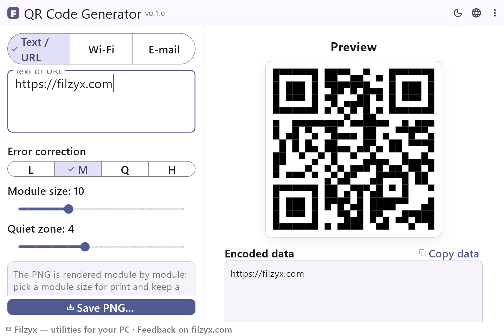 QR Code Generator with a link typed in: live QR preview and the encoded data shown as text — light theme
