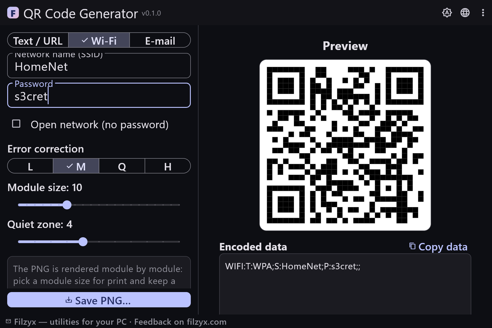 A Wi-Fi QR code being built from SSID and password in the dark theme
