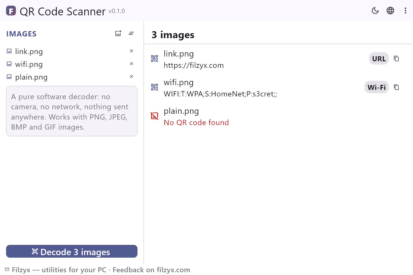 QR Code Scanner after decoding three images: a URL with its chip, a Wi-Fi payload and one image without a code — light theme