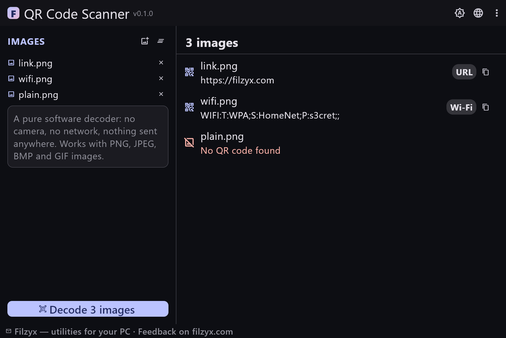 The same decode results in the dark theme with copy buttons on each row