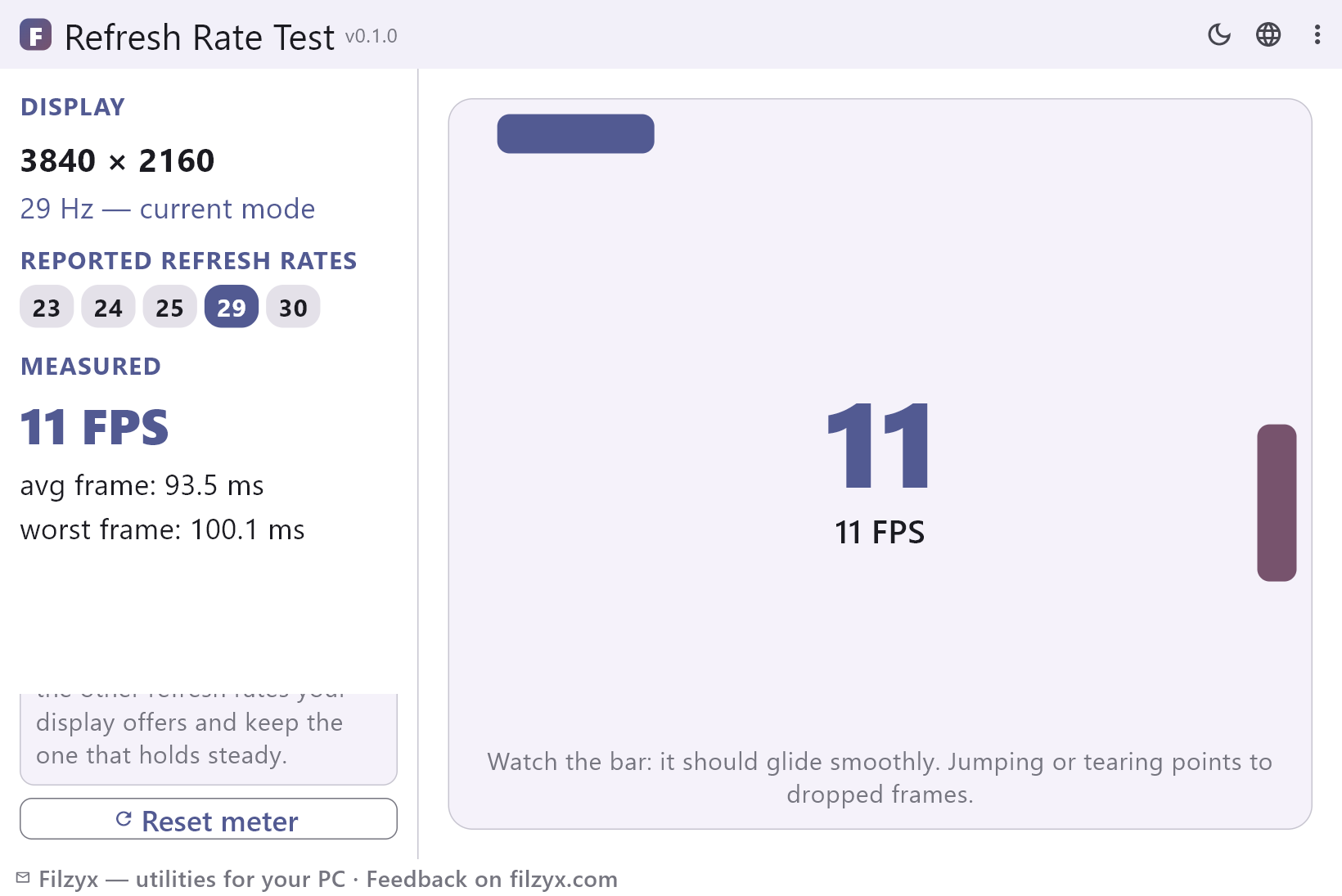 Refresh Rate Test in the light theme: resolution and current refresh rate, the list of reported modes and a live FPS meter beside the moving smoothness bar
