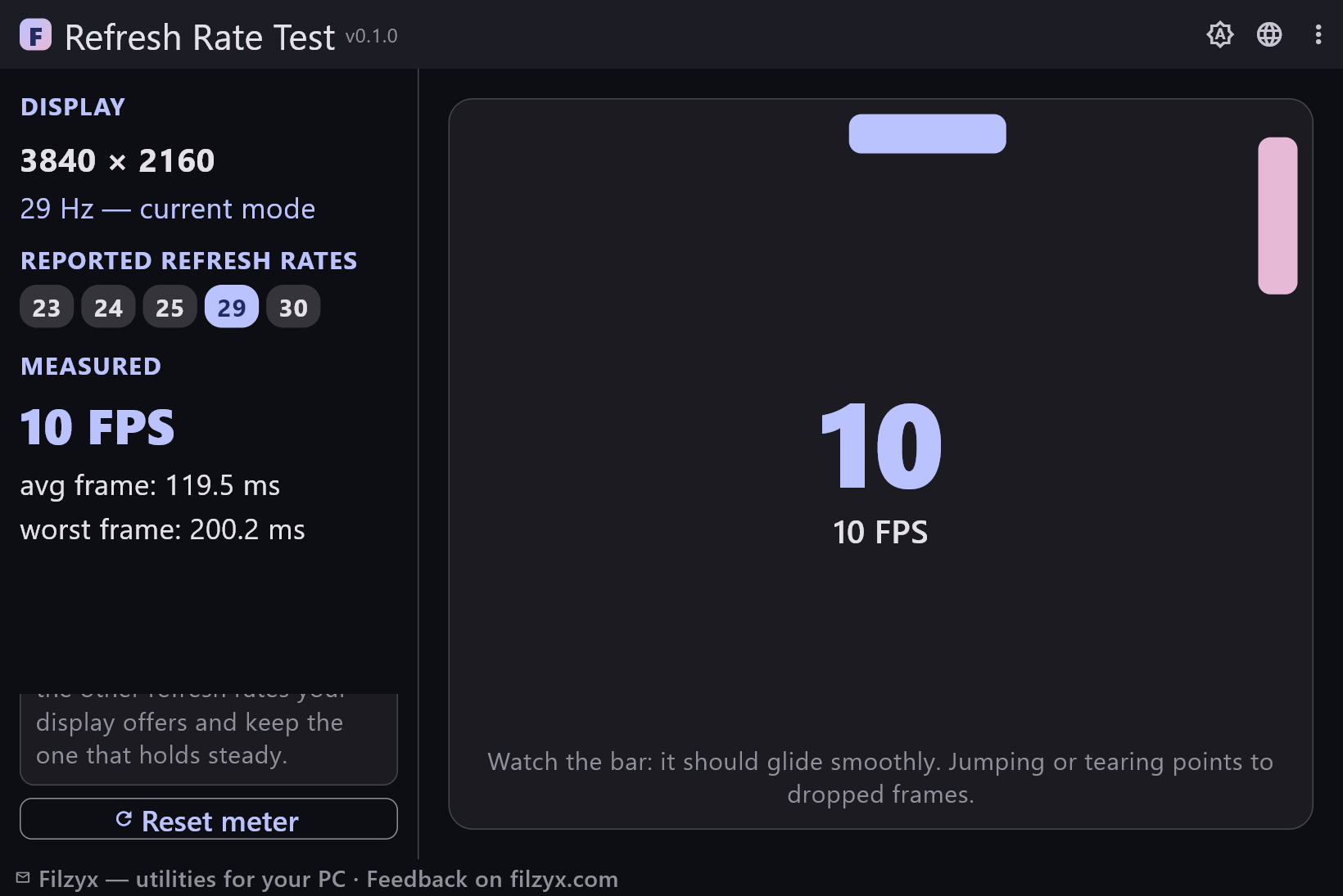 The same measurement in the dark theme: measured FPS, average and worst frame times, and the bar gliding across the window