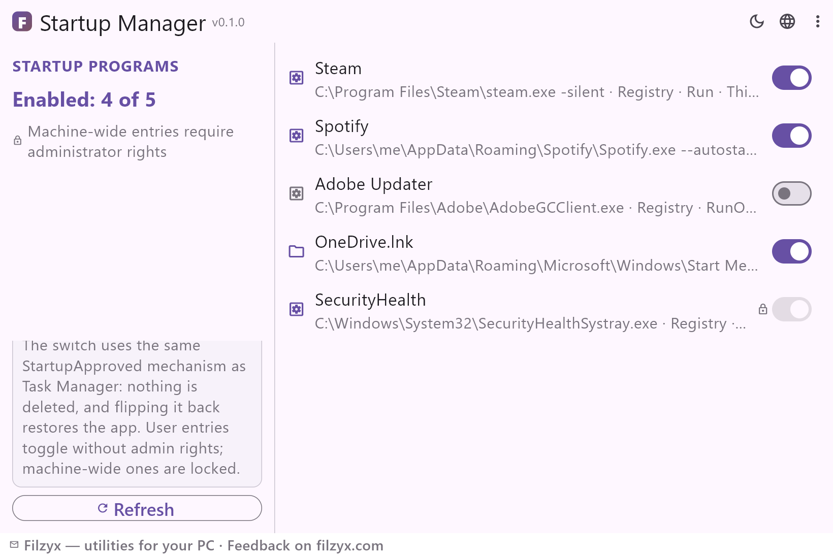 Startup Manager in the light theme: a list of autostart entries — each with its command, source (Registry · Run, Registry · RunOnce or Startup folder) and an on/off switch; an all-users entry is locked