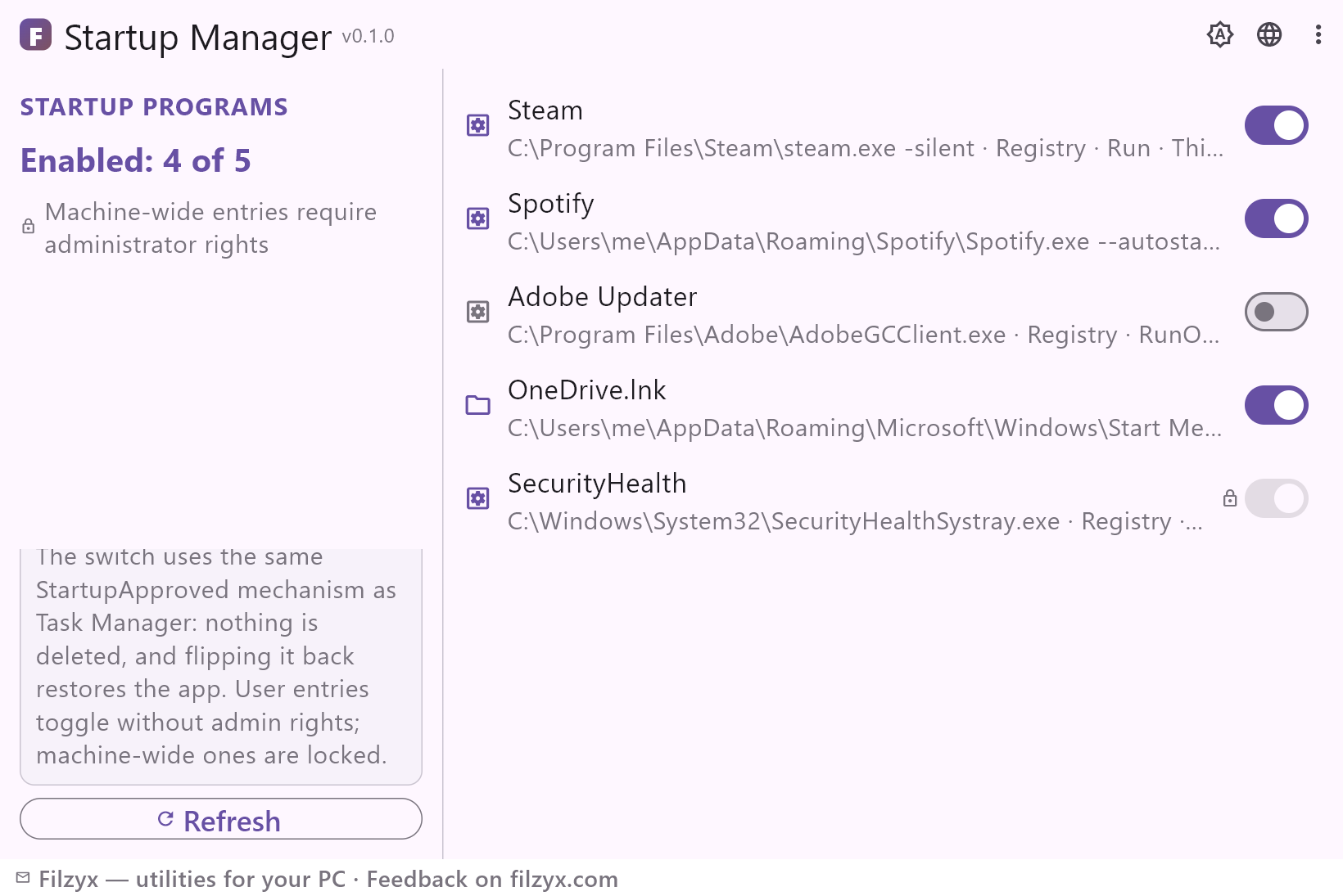 The same startup list in the dark theme: the enabled counter in the left panel, user entries with working switches, an all-users entry with a lock, and the Refresh button