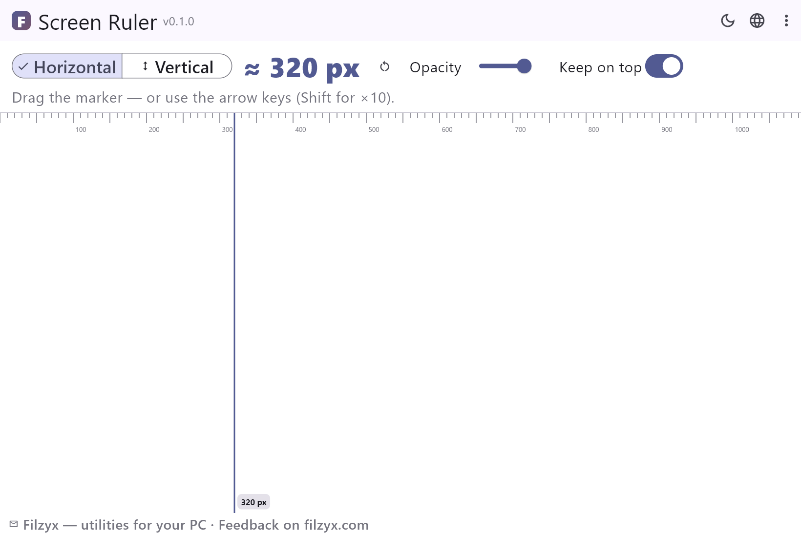 Screen Ruler in horizontal mode with the marker at 320 px and the tick scale — light theme