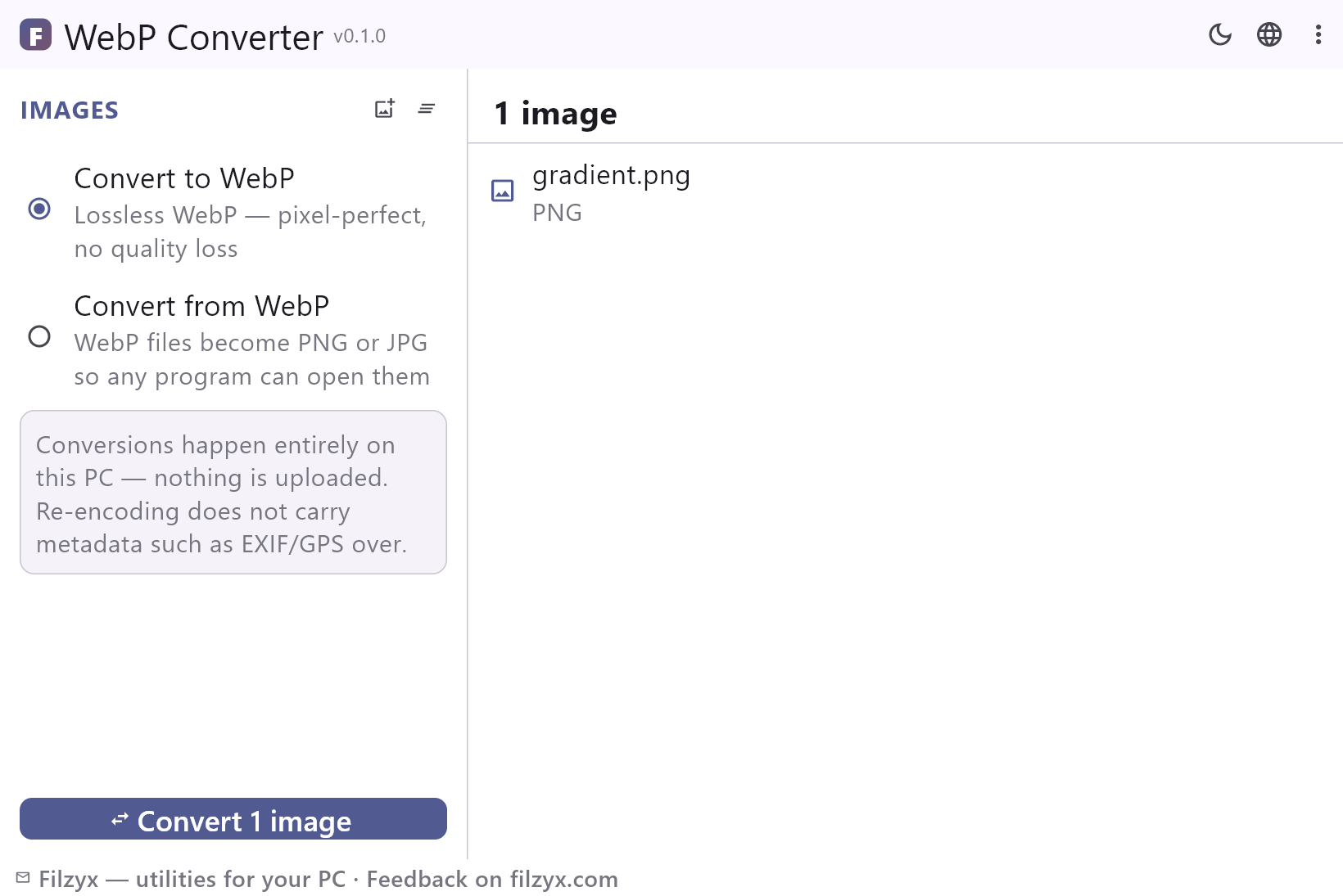 WebP Converter with a gradient PNG ready to convert to lossless WebP — light theme