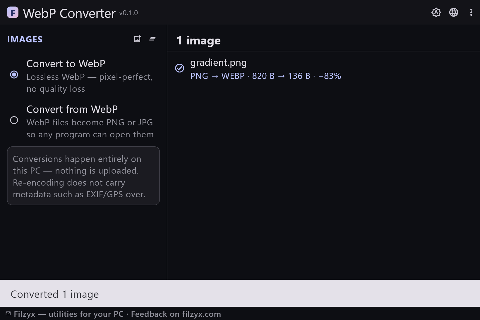 After conversion: the row shows PNG → WEBP with before/after sizes and the percentage saved, in the dark theme