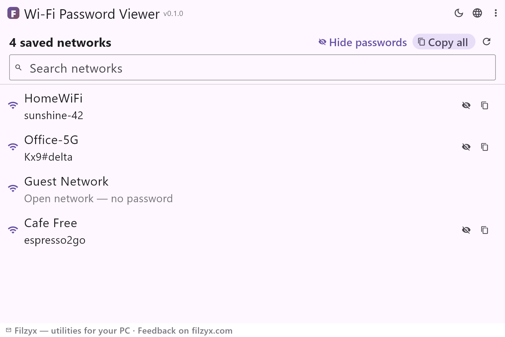 Wi-Fi Password Viewer with sample networks: passwords revealed by the Show passwords button, in the light theme