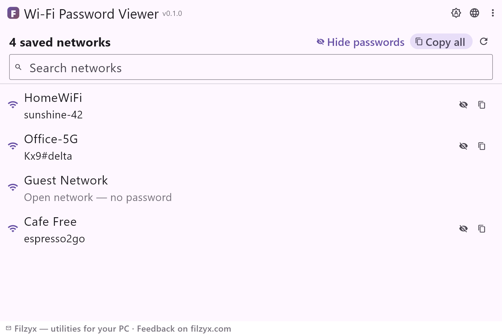 The same network list in the dark theme with copy buttons on every row