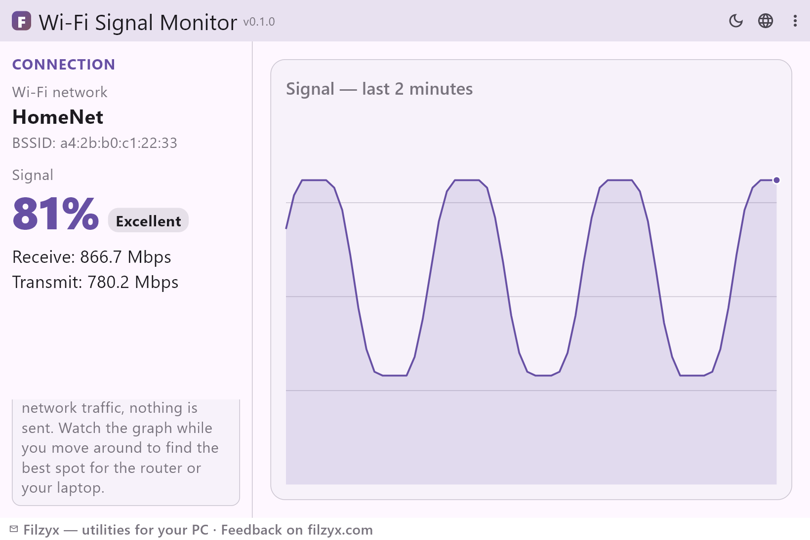 Wi-Fi Signal Monitor in the light theme: the connection panel with SSID, BSSID and receive/transmit speeds above a live 2-minute signal graph