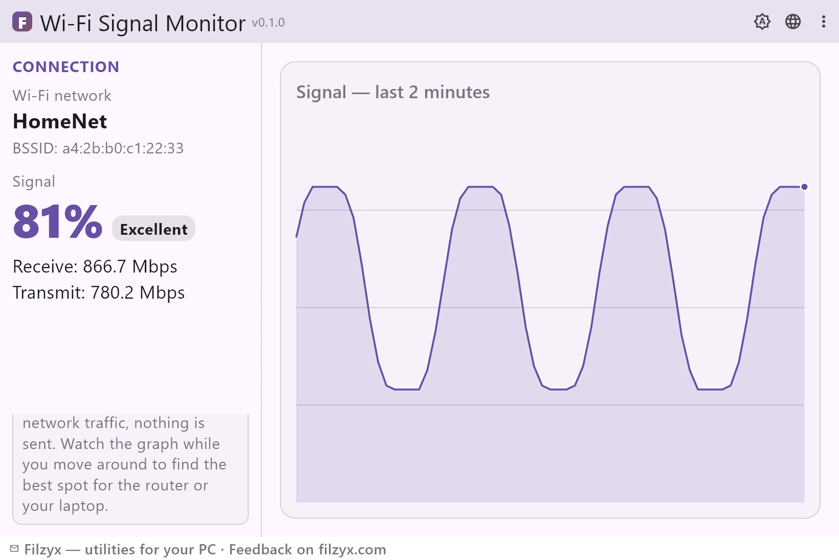 The same live signal graph in the dark theme, with the current level in percent and the quality word “Excellent” beside it